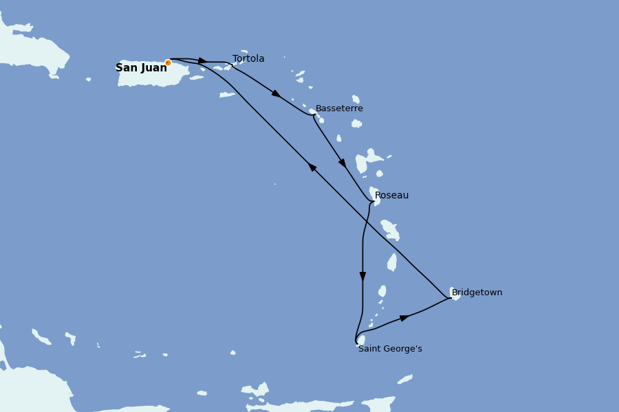 Itinéraire de la croisière Caraïbes de l'Est (Antilles) 7 jours à bord du Grand Princess