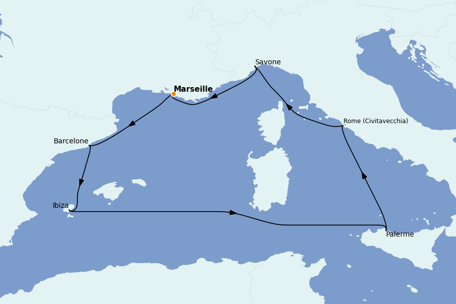 Itinéraire de la croisière Méditerranée Occidentale 7 jours à bord du Costa Smeralda