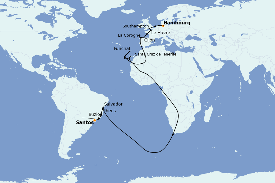 Itinéraire de la croisière TRANSATLANTIQUES ET GRANDS VOYAGES 21 jours à bord du MSC Preziosa