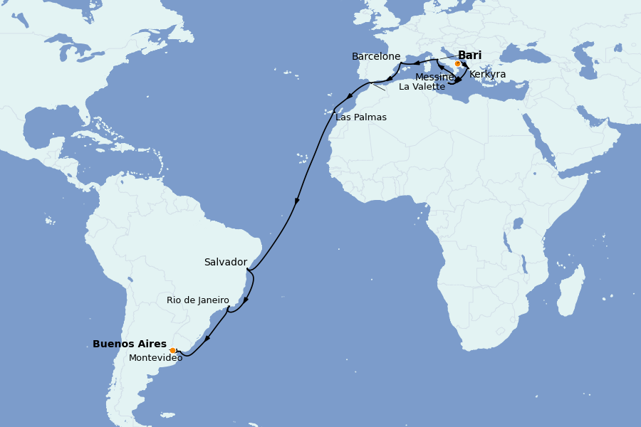 Itinéraire de la croisière TRANSATLANTIQUES ET GRANDS VOYAGES 23 jours à bord du MSC Fantasia