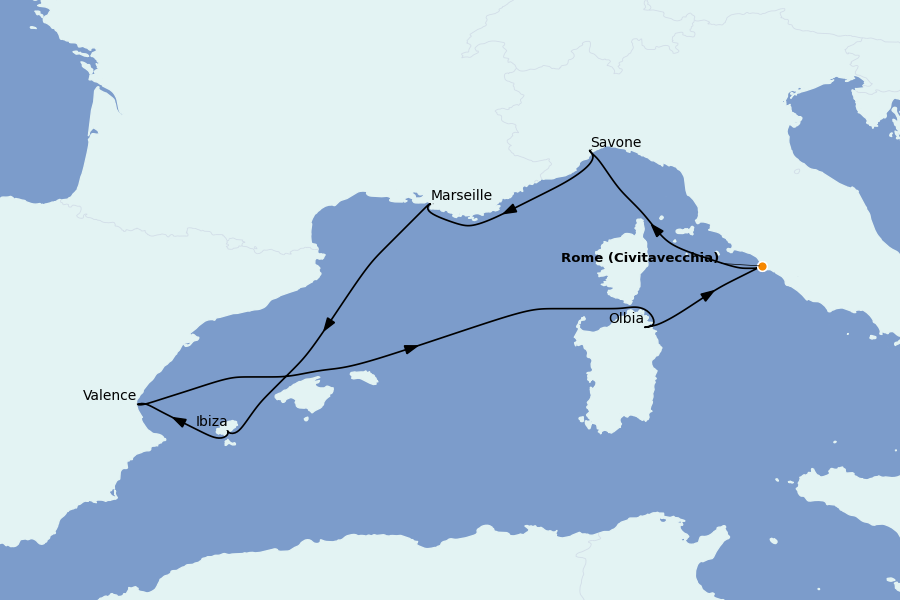 Itinéraire de la croisière Méditerranée Occidentale 7 jours à bord du Costa Pacifica