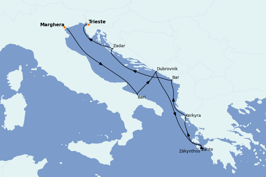 Itinéraire de la croisière Îles Grecques, Adriatique et Turquie - Méditerranée Orientale 7 jours à bord du Costa Deliziosa