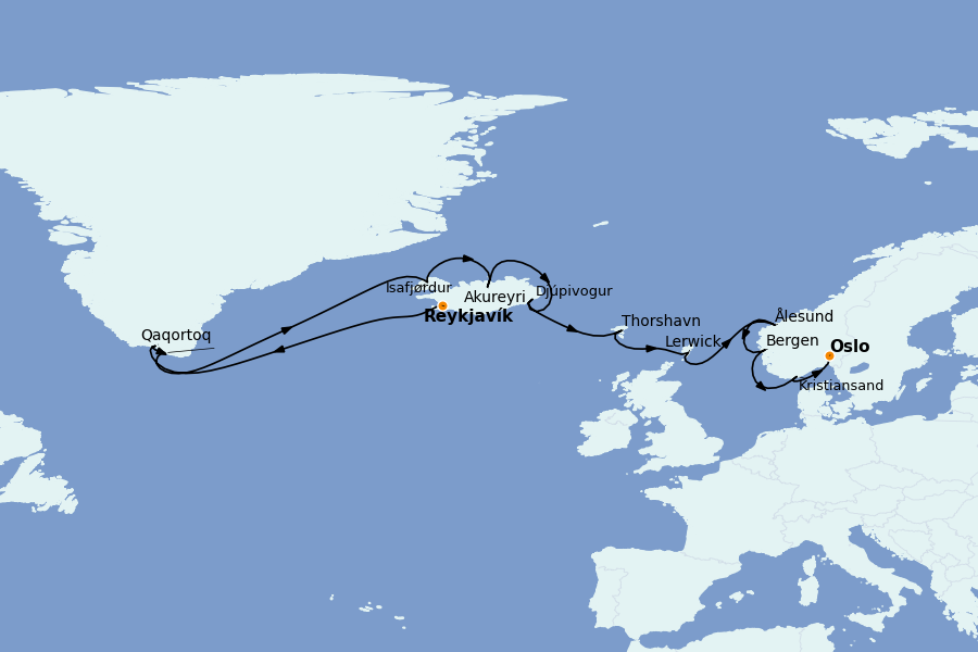 Itinéraire de la croisière Exploration polaire 14 jours à bord du Norwegian Star