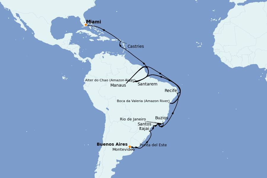 Itinéraire de la croisière Caraïbes de l'Est (Antilles) 31 jours à bord du Marina