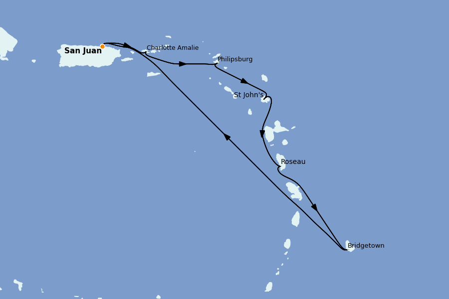 Itinéraire de la croisière Caraïbes de l'Est (Antilles) 14 jours à bord du Grand Princess