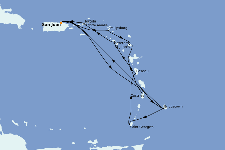 Itinéraire de la croisière Caraïbes de l'Est (Antilles) 14 jours à bord du Crown Princess