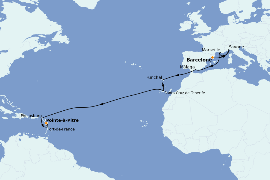 Itinerario del crucero TRASATLÁNTICOS 16 días a bordo del Costa Fascinosa
