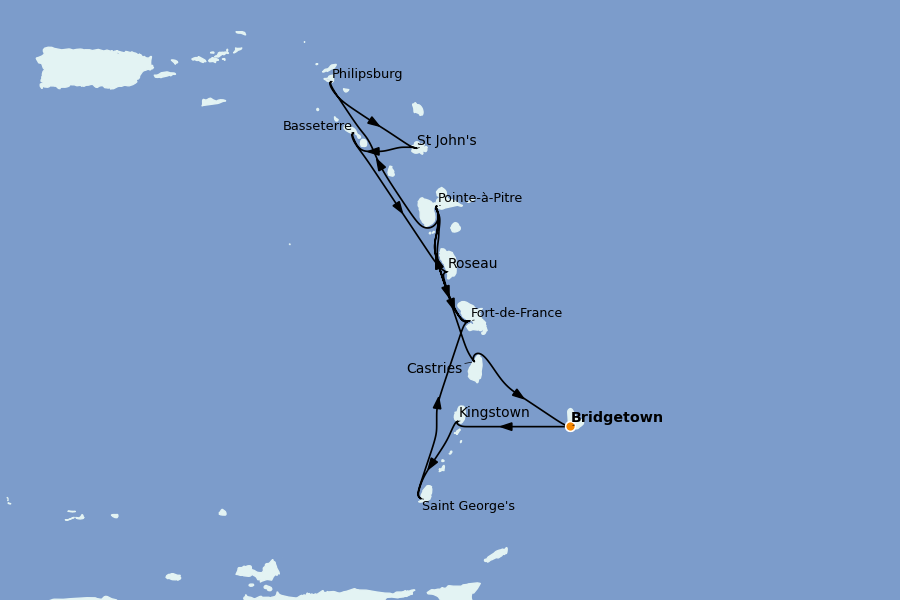 Itinéraire de la croisière Caraïbes de l'Est (Antilles) 14 jours à bord du MSC Seaview