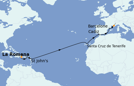 Itinéraire de la croisière Transatlantiques et Grands Voyages 2023 14 jours à bord du Costa Pacifica