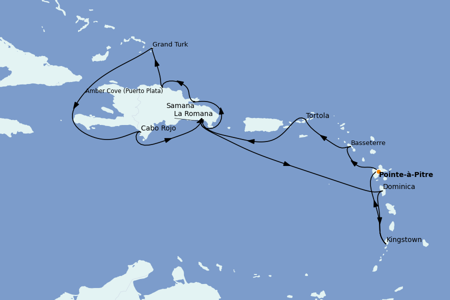 Itinéraire de la croisière Caraïbes de l'Est (Antilles) 14 jours à bord du Costa Pacifica