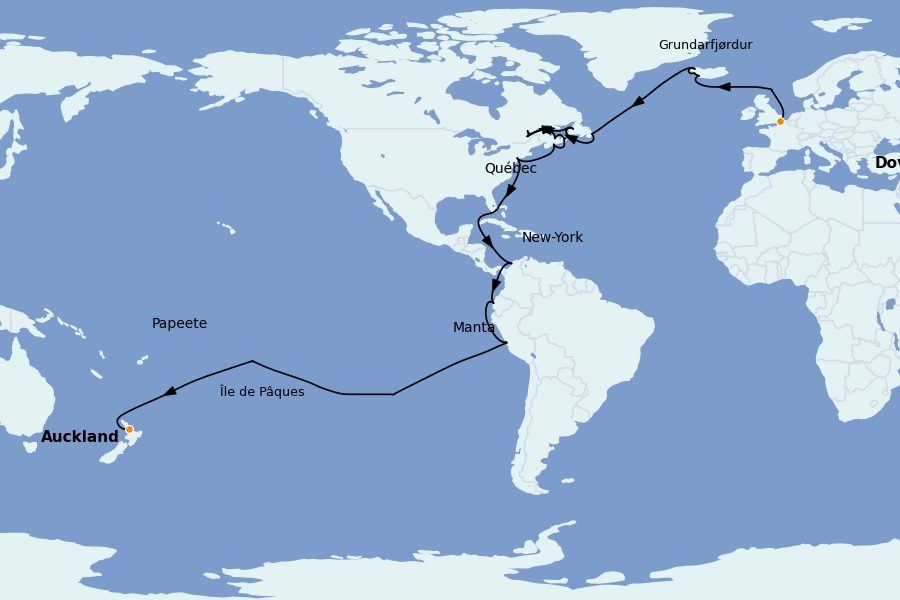 Itinéraire de la croisière TOUR DU MONDE 55 jours à bord du Crown Princess