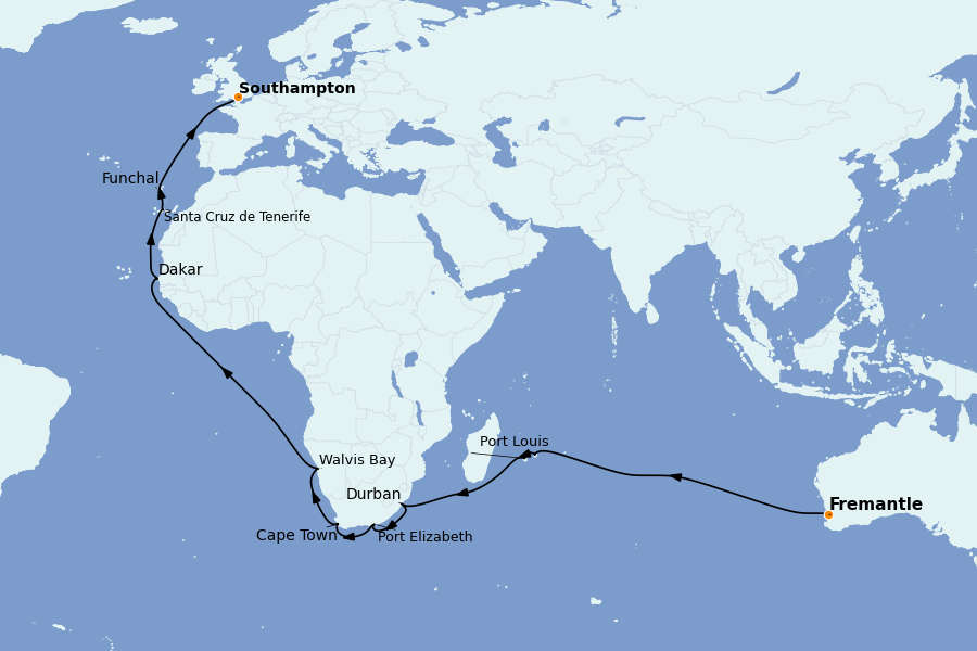 Itinéraire de la croisière Australie 2026 35 jours à bord du Queen Anne