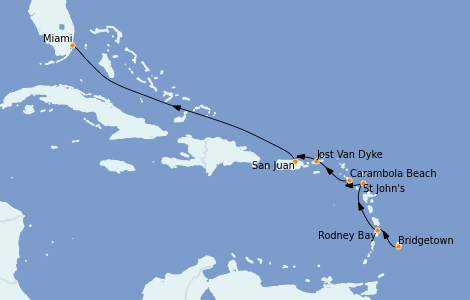 Itinéraire de la croisière Caraïbes de l'Est 8 jours à bord du Seabourn Ovation