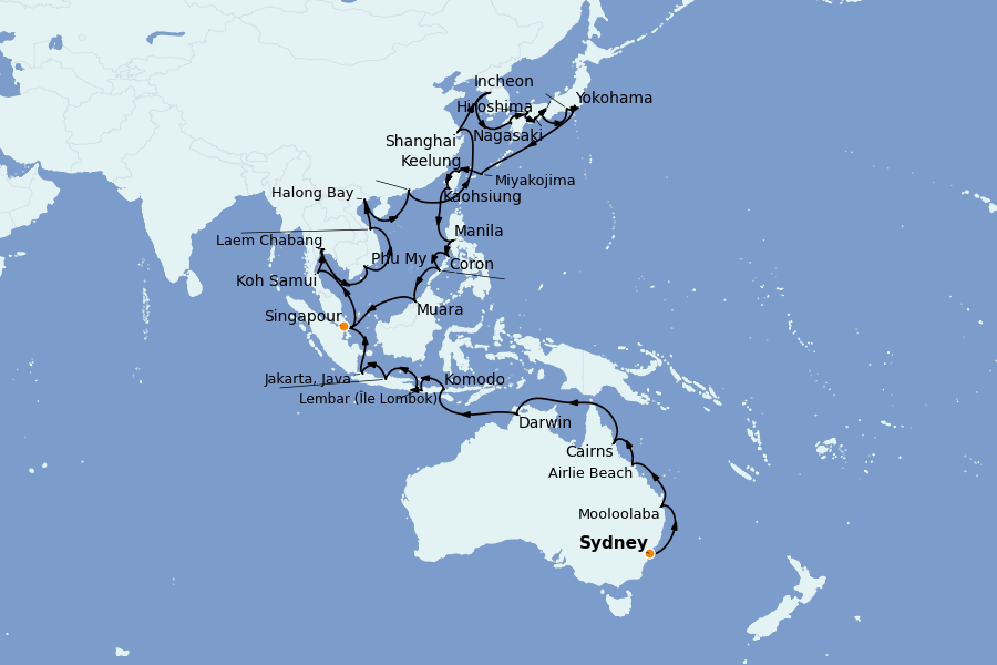 Itinéraire de la croisière Thaïlande, (Bali) Indonésie, Malaisie, Singapour, Vietnam, Birmanie, Philippines 59 jours à bord du Vista