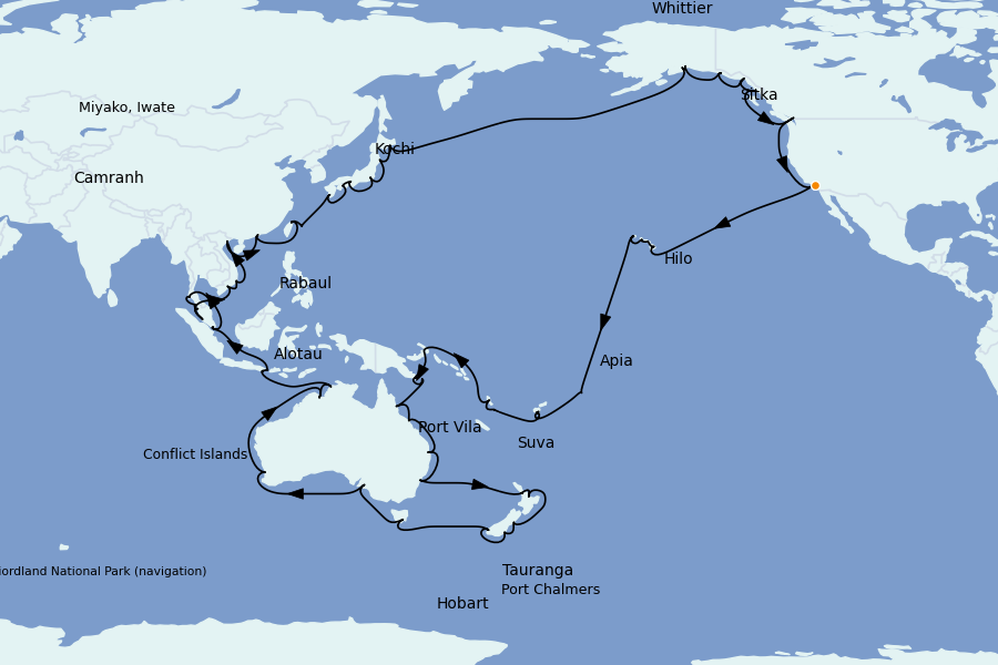 Itinéraire de la croisière TOUR DU MONDE 114 jours à bord du Coral Princess