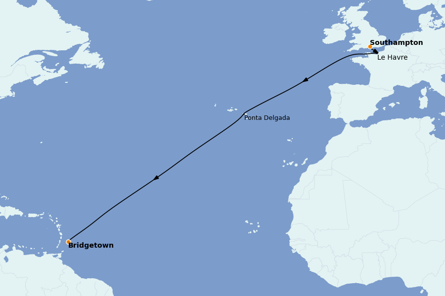 Itinéraire de la croisière TRANSATLANTIQUES ET GRANDS VOYAGES 11 jours à bord du MSC Virtuosa