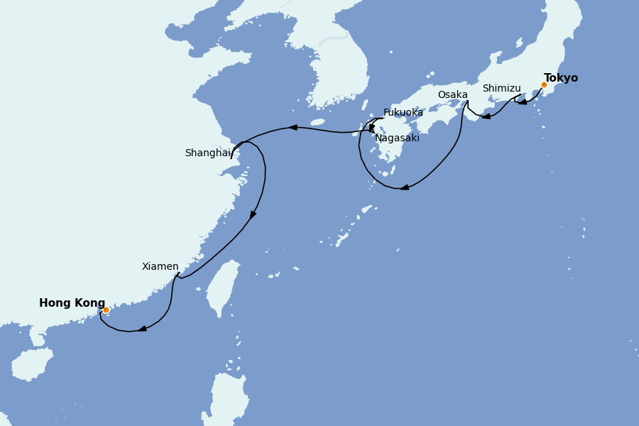 Itinéraire de la croisière Chine, Japon, Hong Kong, Taïwan, Corée du Sud 13 jours à bord du Ms Westerdam