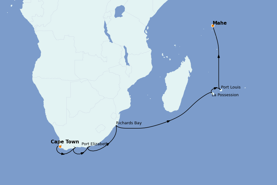 Itinéraire de la croisière OCÉAN INDIEN - AFRIQUE 16 jours à bord du Silver Shadow