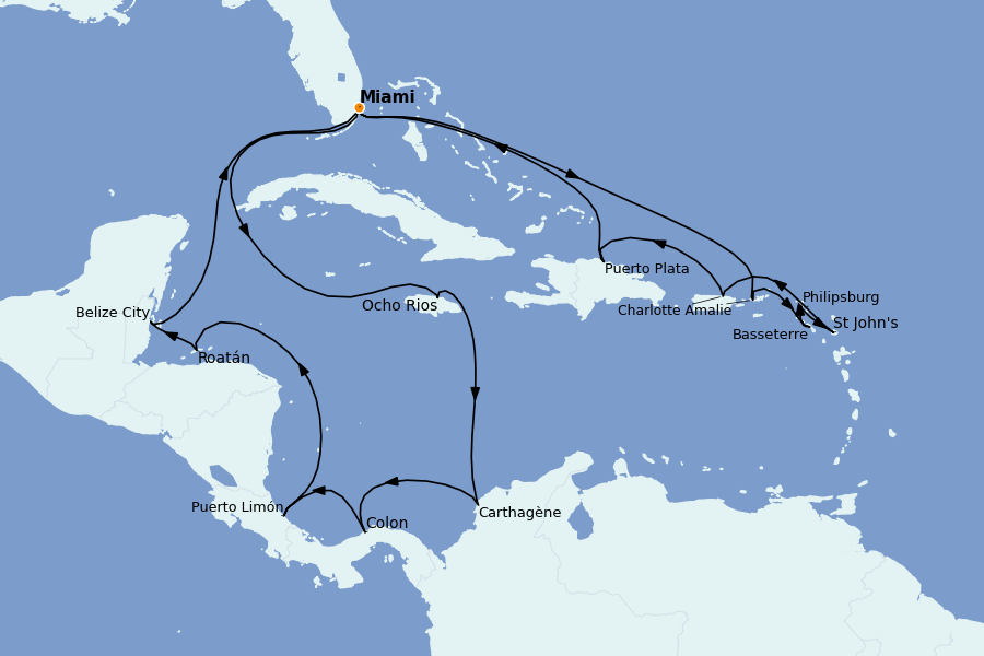 Itinéraire de la croisière Caraïbes de l'Est (Antilles) 21 jours à bord du MSC Poesia