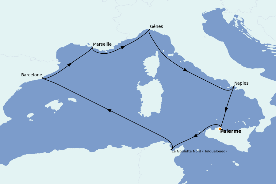 Itinéraire de la croisière Méditerranée Occidentale 7 jours à bord du MSC Splendida