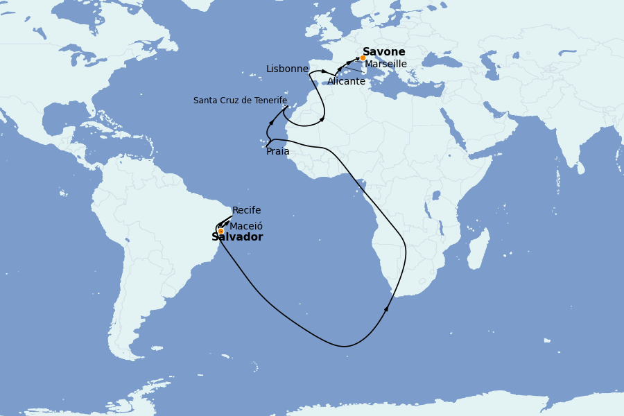 Itinéraire de la croisière Transatlantiques et Grands Voyages 2025 17 jours à bord du Costa Pacifica