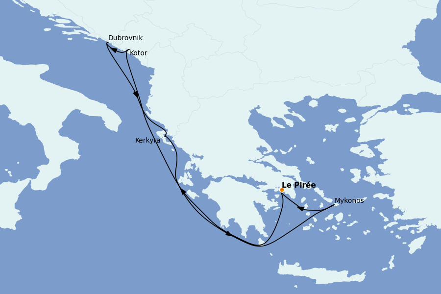 Itinéraire de la croisière Îles Grecques, Adriatique et Turquie - Méditerranée Orientale 7 jours à bord du Resilient Lady