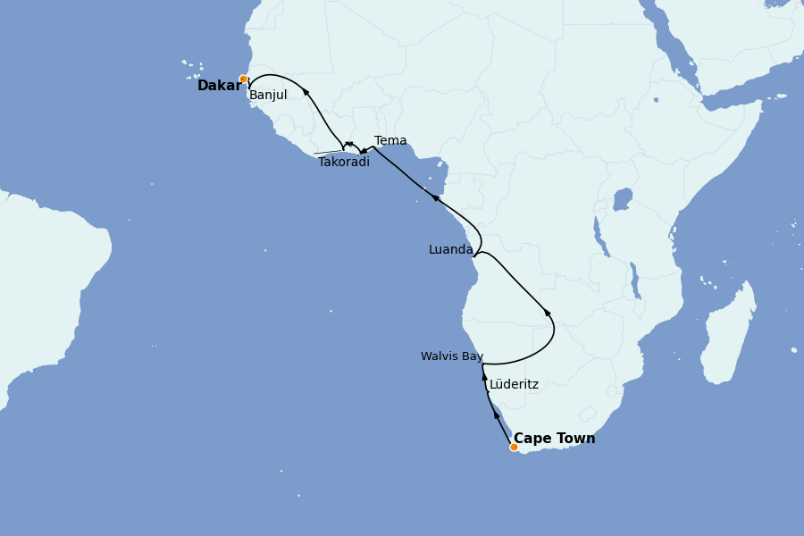 Itinéraire de la croisière OCÉAN INDIEN - AFRIQUE 19 jours à bord du Silver Dawn