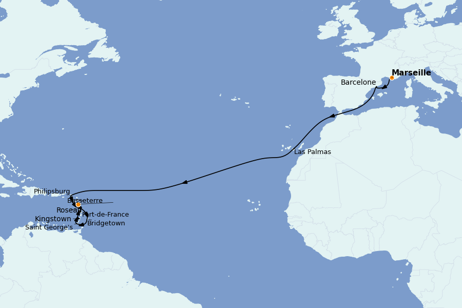 Itinéraire de la croisière TRANSATLANTIQUES ET GRANDS VOYAGES 19 jours à bord du MSC Seaview
