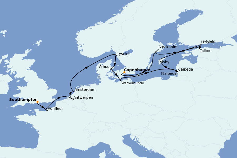 Itinéraire de la croisière Mer Baltique - Russie - Mer du Nord 18 jours à bord du Seven Seas Mariner