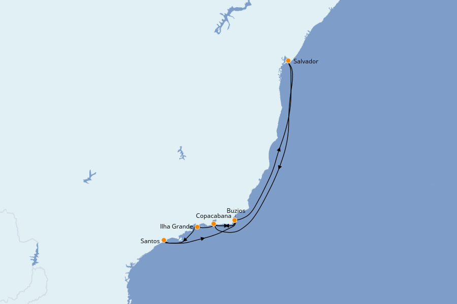 Itinéraire de la croisière Brésil, Argentine, Uruguay 8 jours à bord du MSC Seaview
