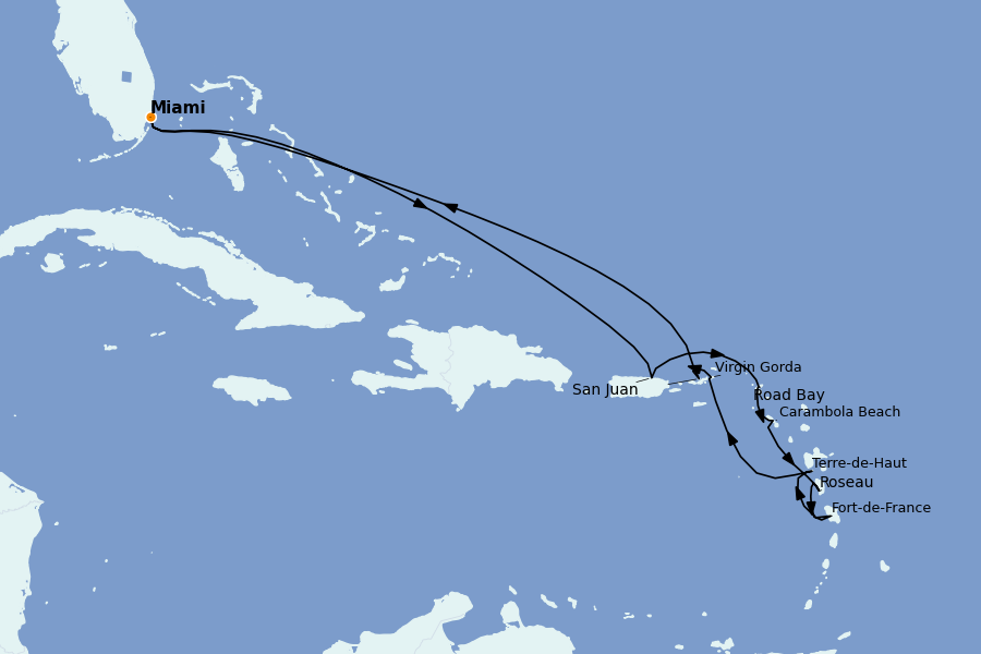 Itinéraire de la croisière Caraïbes de l'Est 14 jours à bord du Seabourn Quest