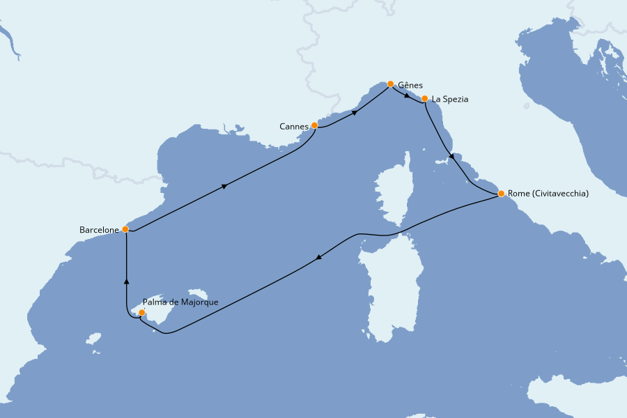 Itinéraire de la croisière Méditerranée Occidentale 7 jours à bord du MSC Grandiosa