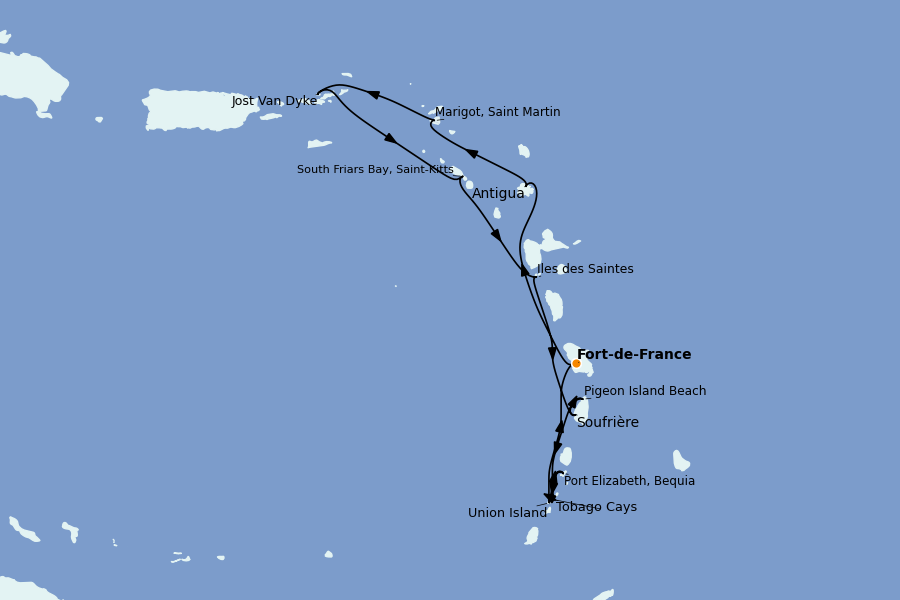 Itinéraire de la croisière Caraïbes de l'Est (Antilles) 12 jours à bord du Le Bellot