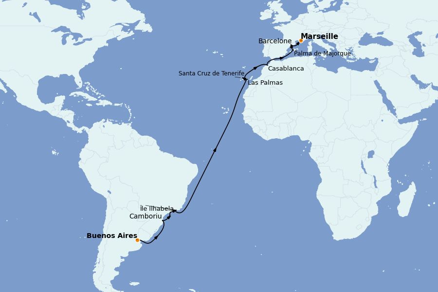 Itinéraire de la croisière TRANSATLANTIQUES ET GRANDS VOYAGES 20 jours à bord du MSC Fantasia