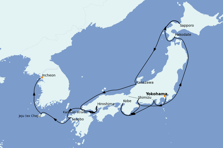 Itinéraire de la croisière Chine, Japon, Hong Kong, Taïwan, Corée du Sud 14 jours à bord du Norwegian Spirit