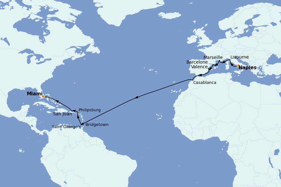 Itinéraire de la croisière TRANSATLANTIQUES ET GRANDS VOYAGES 22 jours à bord du MSC Seaside