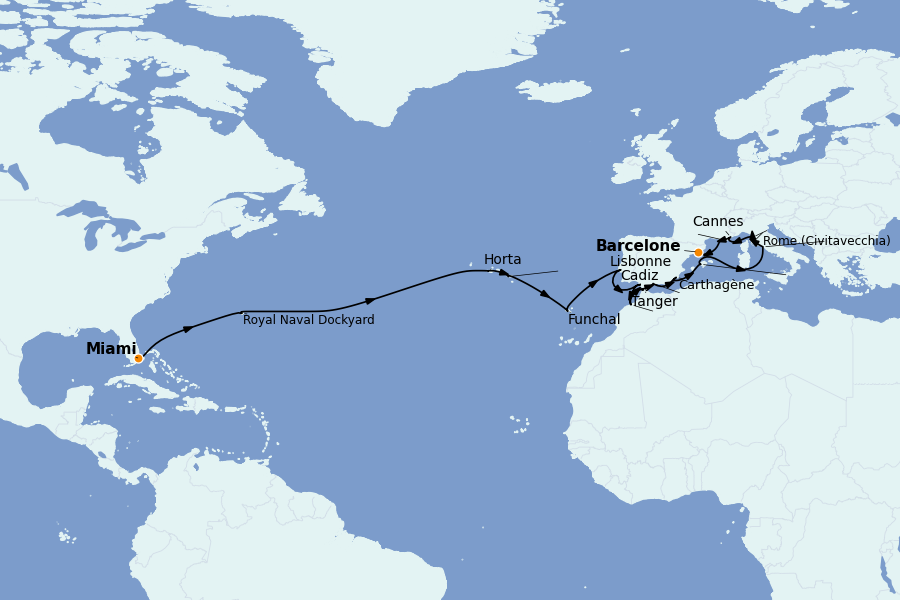Itinéraire de la croisière Méditerranée Occidentale 28 jours à bord du Seven Seas Splendor