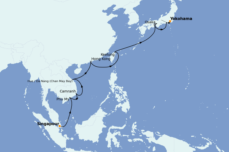Itinéraire de la croisière Thaïlande, (Bali) Indonésie, Malaisie, Singapour, Vietnam, Birmanie, Philippines 14 jours à bord du Diamond Princess