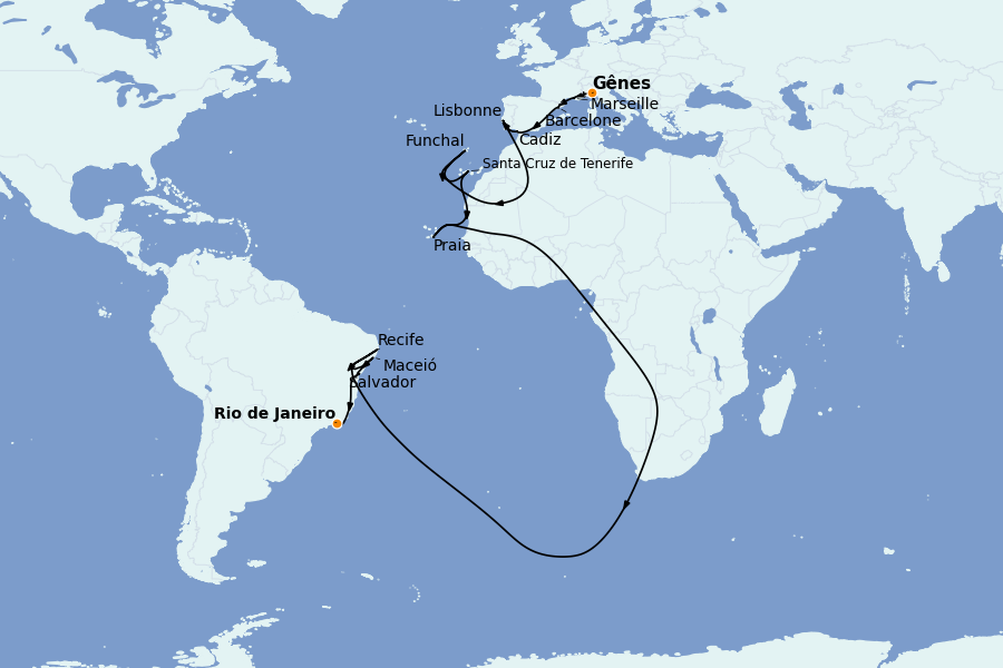 Itinéraire de la croisière TRANSATLANTIQUES ET GRANDS VOYAGES 20 jours à bord du Costa Favolosa
