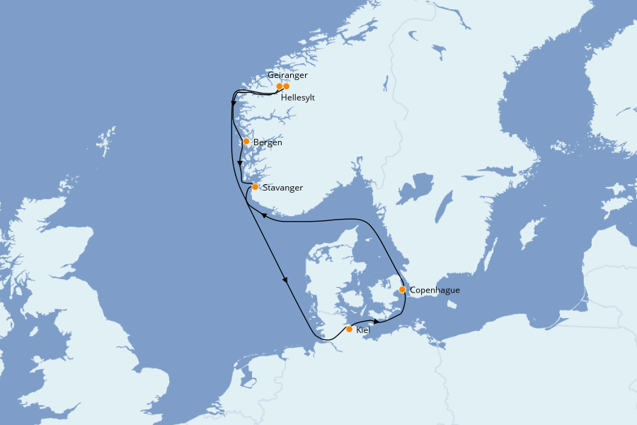 Itinéraire de la croisière Fjords & Norvège 7 jours à bord du Costa Diadema