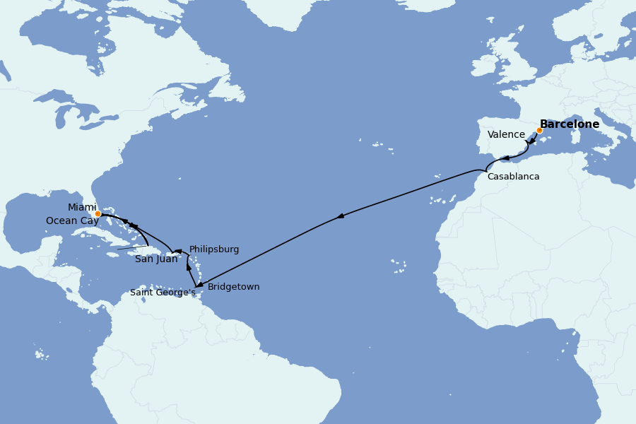 Itinéraire de la croisière TRANSATLANTIQUES ET GRANDS VOYAGES 24 jours à bord du MSC Seaside