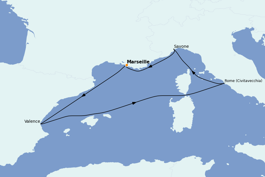 Itinéraire de la croisière Méditerranée 5 jours à bord du Costa Pacifica