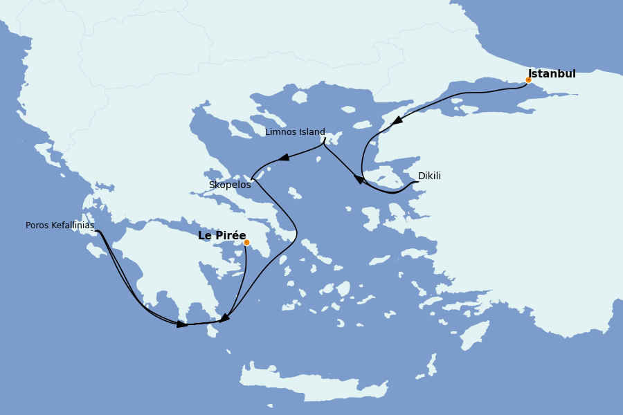 Itinéraire de la croisière Îles Grecques, Adriatique et Turquie - Méditerranée Orientale 7 jours à bord du Star Flyer