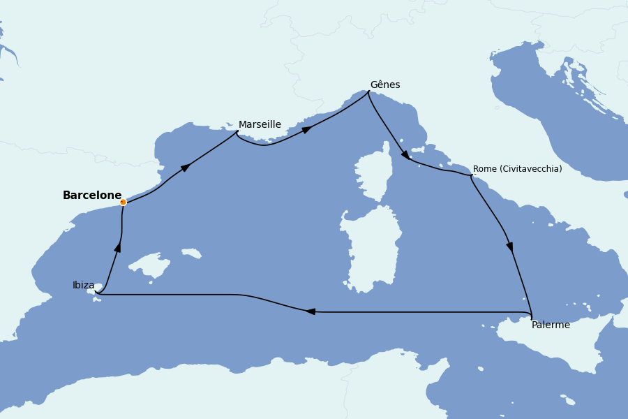 Itinéraire de la croisière Méditerranée Occidentale 7 jours à bord du MSC Seaview