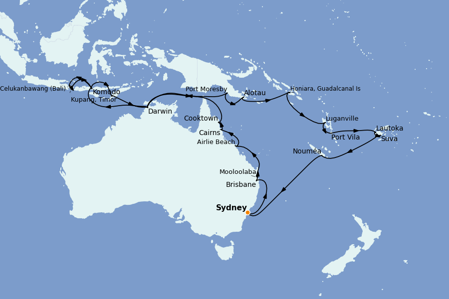 Itinéraire de la croisière Thaïlande, (Bali) Indonésie, Malaisie, Singapour, Vietnam, Birmanie, Philippines 35 jours à bord du Riviera