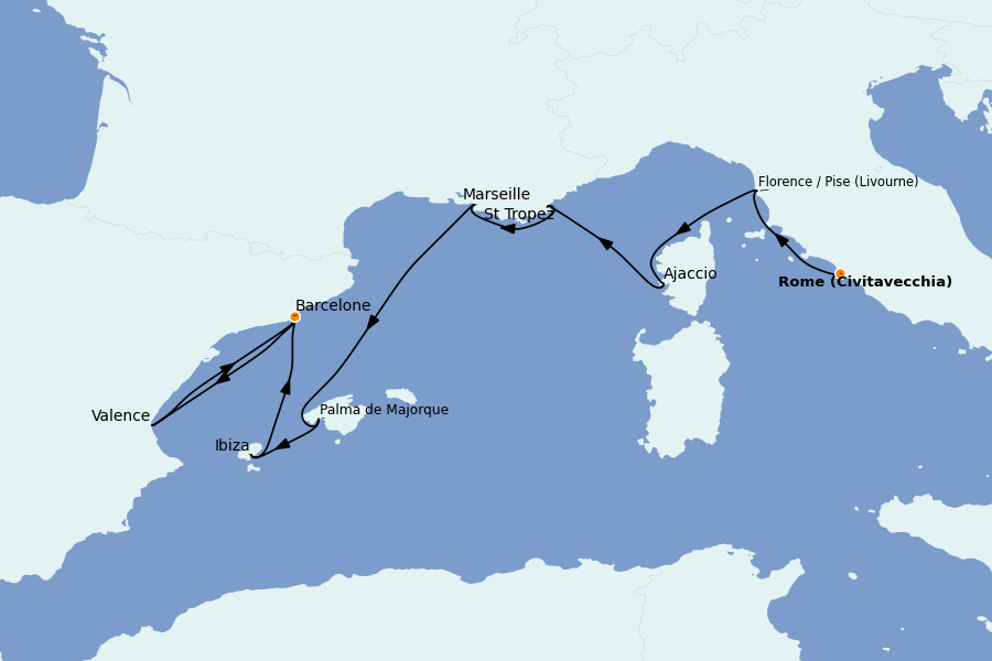 Itinéraire de la croisière Méditerranée 8 jours à bord du Marina