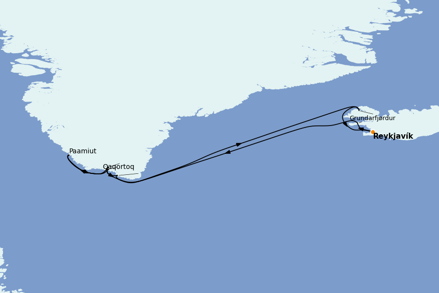 Itinéraire de la croisière Spitzberg, îles Féroé, Groenland, Islande 10 jours à bord du Seven Seas Grandeur