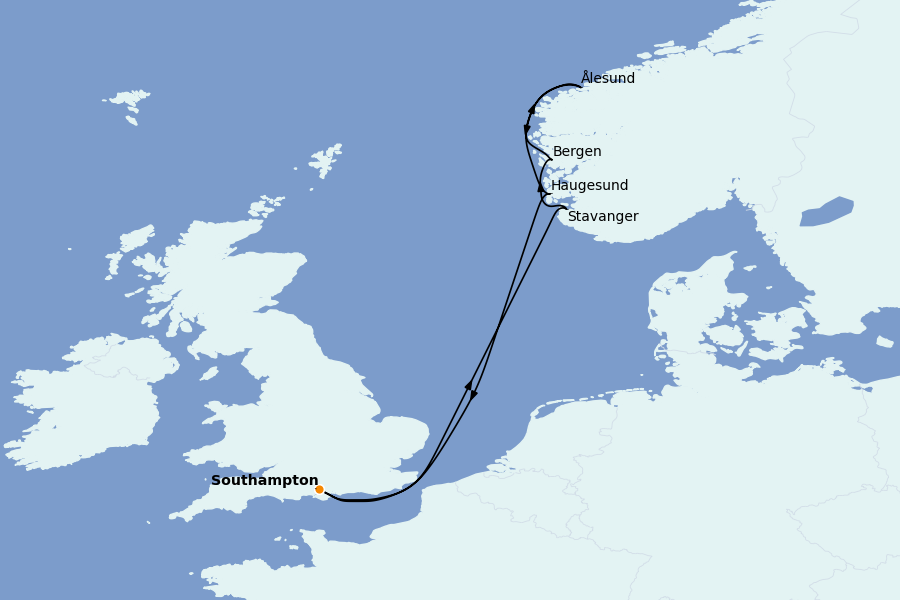 Itinéraire de la croisière Fjords Norvégiens et Scandinavie 7 jours à bord du Queen Anne