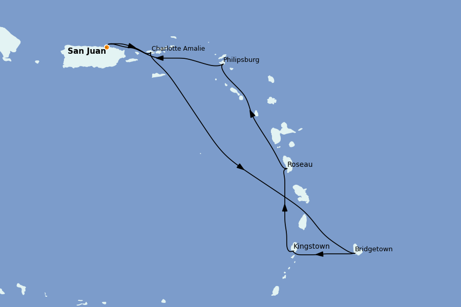 Itinéraire de la croisière Caraïbes de l'Est (Antilles) 8 jours à bord du Valiant Lady
