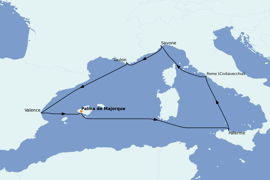 Itinéraire de la croisière Méditerranée 7 jours à bord du Costa Pacifica